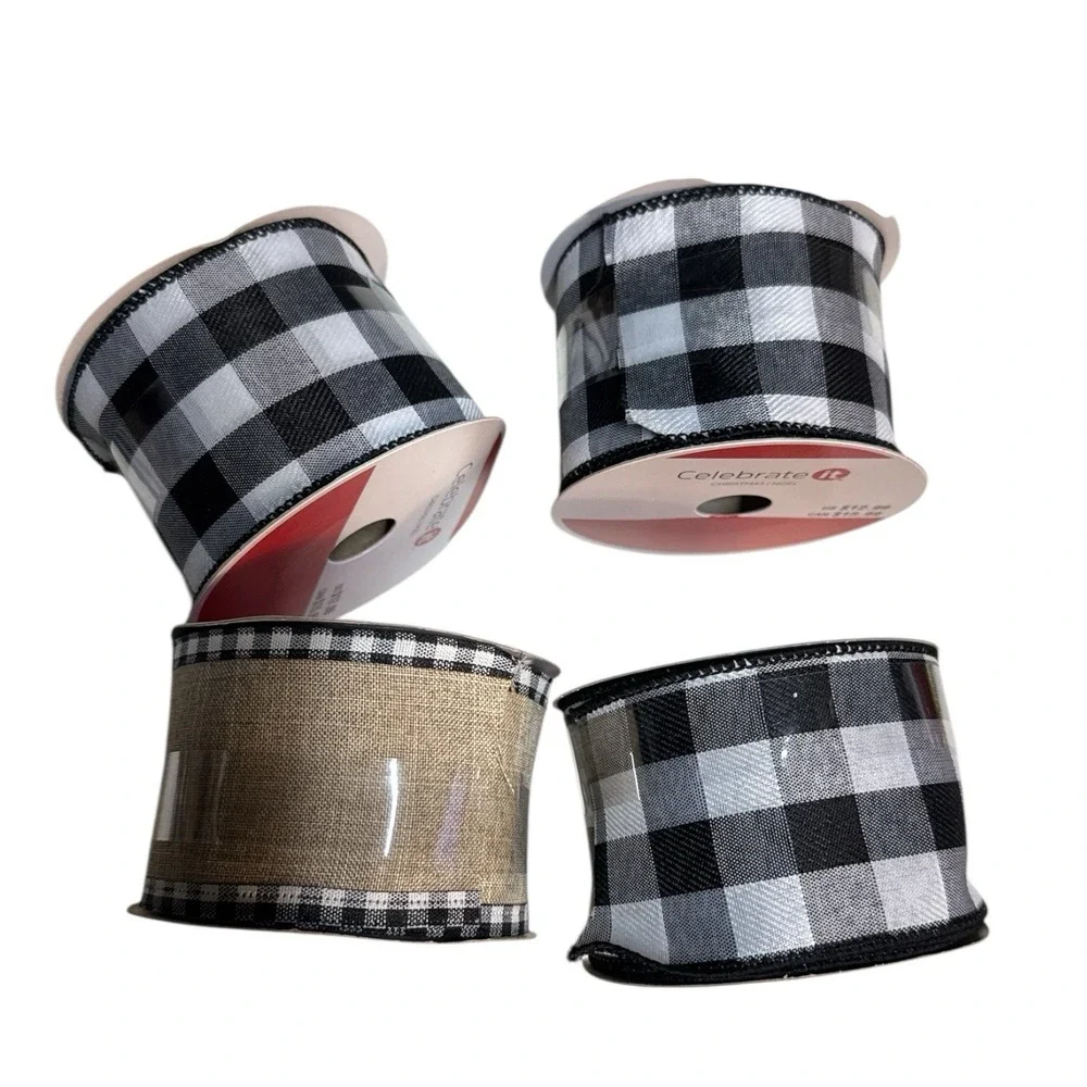 Bundle of 4! White Buffalo‎ Tan Check Wired Ribbon 2.5